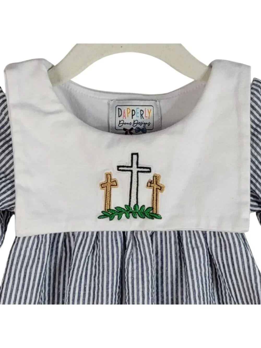 Dapperly Done Baptism Romper Blue White 6-12M Striped Seersucker Long Sleeve